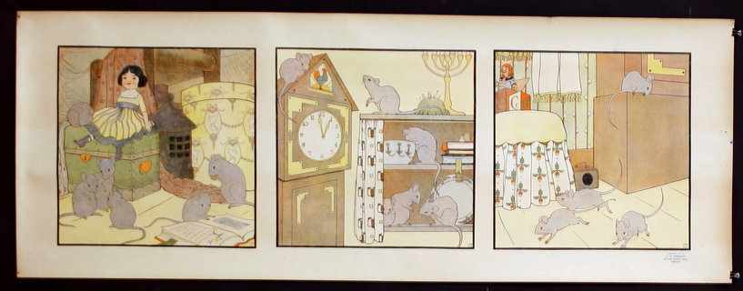 a framed picture of mice and a clock