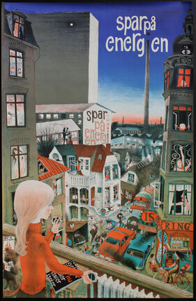 a poster of a girl looking at a city
