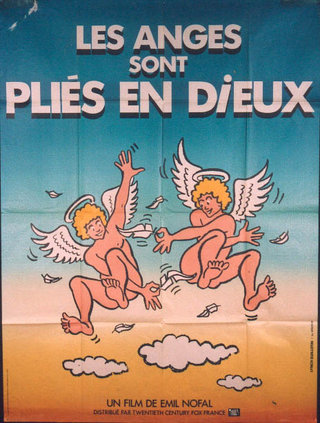a poster with angels and clouds