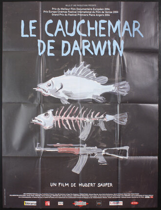 a poster with a fish skeleton and a rifle
