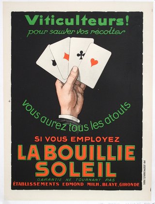 a poster with a hand holding playing cards