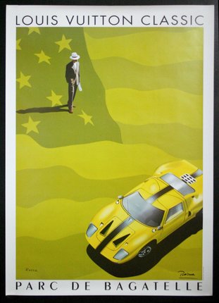 a poster of a man walking by a yellow car