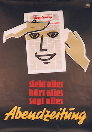 a poster with a face and hands on a newspaper