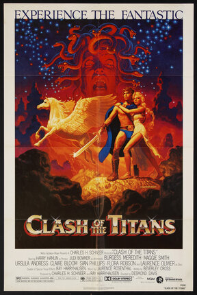 movie poster with an illustration of Greek mythological characters: Perseus holding a sword, Pegasus flying, Medusa screaming, and others