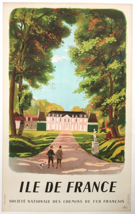 a poster of a house with a couple of people walking