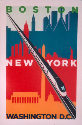 a poster with a train going through the city