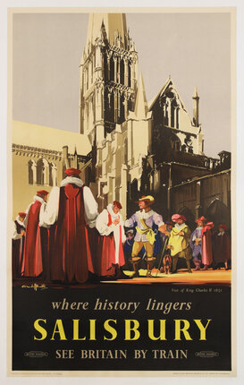 a poster of a historical building and standing figures in the foreground