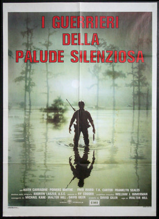 a poster of a man standing in water with a gun