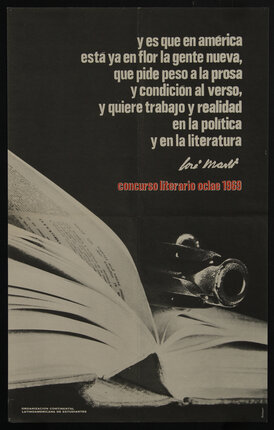 a poster with a gun and an open book