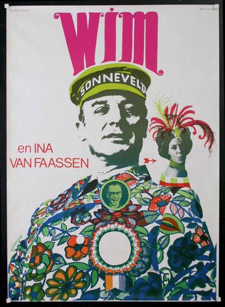 a poster of a man wearing a hat and a colorful shirt