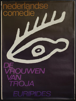 a poster with a white eye and antlers