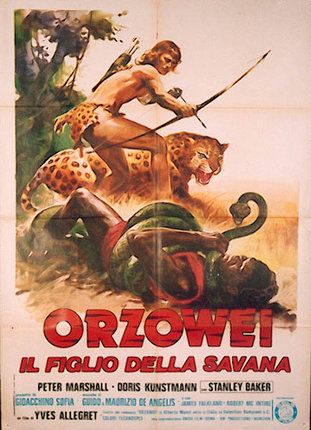 a poster of a man with a spear and a snake
