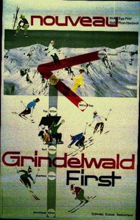 a poster with skiers on the top of a mountain