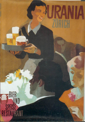 a poster of a waitress carrying a tray of beer