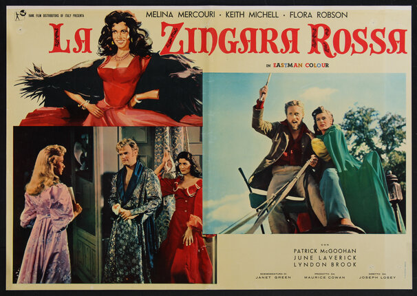 movie poster of a woman in a red dress, a man and woman on top of a carriage, and some other scenes