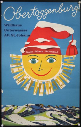 a poster with a smiling sun with a hat and a red hat