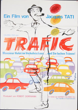 a poster with a man in a hat and a crowd of cars