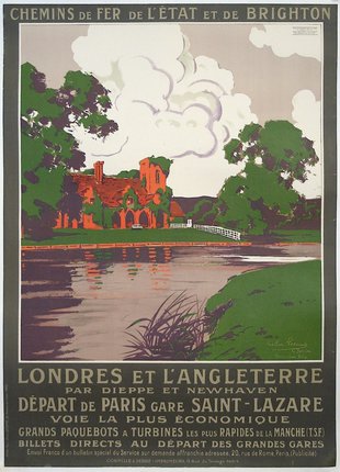 a poster of a building and a river
