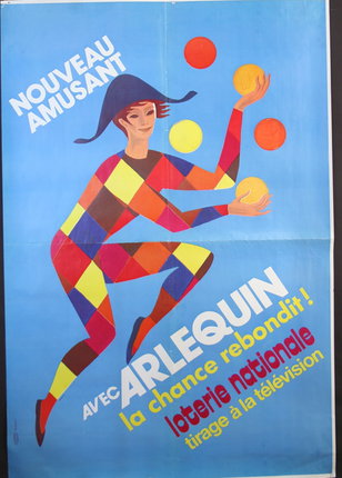 a poster of a clown juggling balls