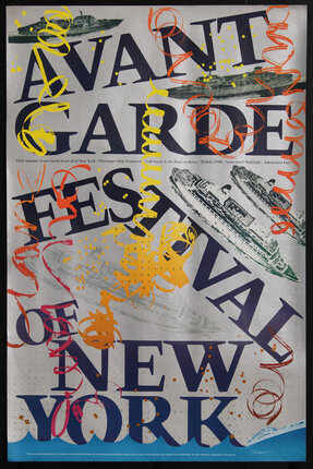 a poster with text, cruise ships, and confetti