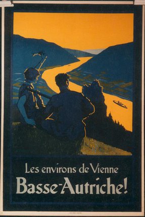 a poster of two men sitting on a hill looking at a river