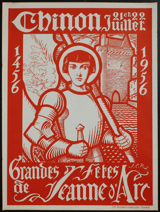 a red and white poster with a woman in armor holding a bat