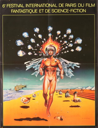 a poster of a man running on a beach