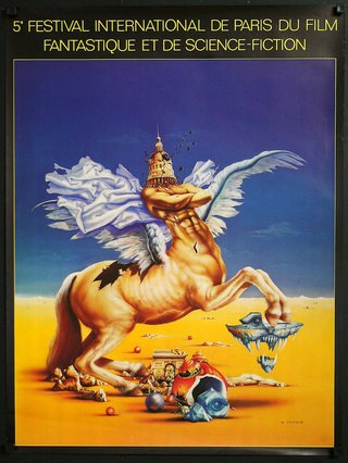 a poster of a horse with wings and a tower on top