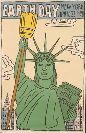 a green statue of liberty holding a yellow and brown stick