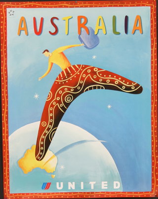 a poster with a man flying on a boomerang