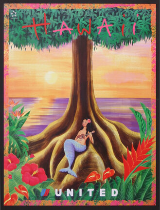 a poster with a mermaid sitting on a tree