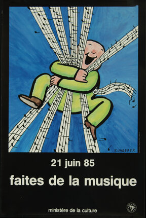 a poster of a man holding musical notes