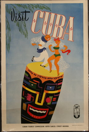 a poster with two women dancing on top of a colorful cup