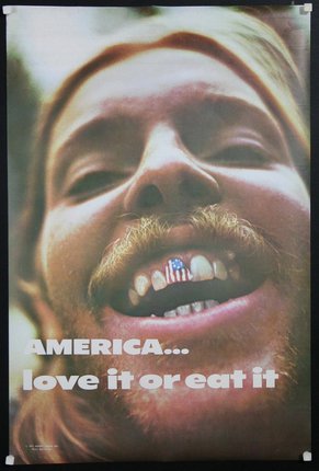 a man with a mustache and an American flag painted on his teeth