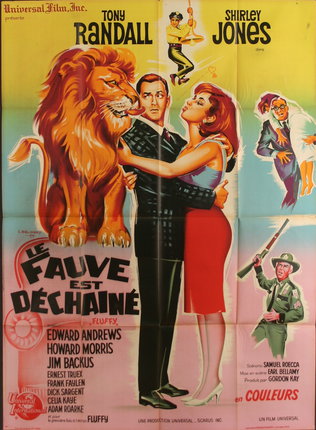 a movie poster with a couple of people hugging a lion