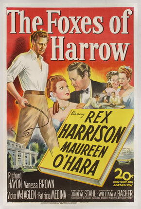 a movie poster with a man holding a whip, a couple in evening wear, two women, men at a table, and a large yellow book