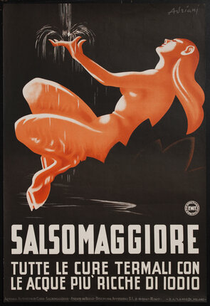 a poster of a female centaur sitting in a reclined pose with her hands under a shower of water