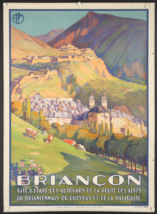 a poster of a town in the mountains