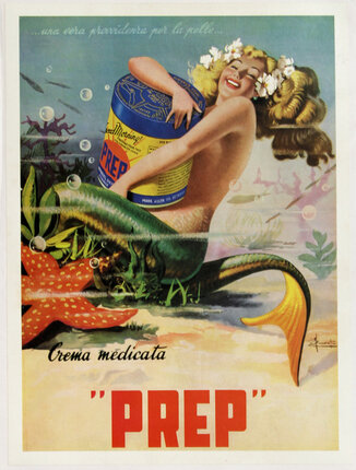 a poster of a mermaid holding a tub of cream
