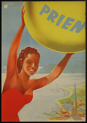 a woman in a swimsuit holding a yellow beach ball with a lake shore beach in the distance