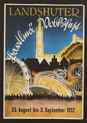 a poster with a city and a tower