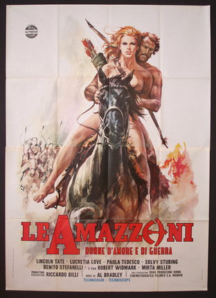a poster of a man and woman riding a horse