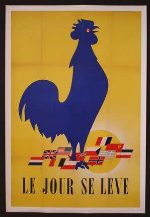 a poster with a rooster and flags