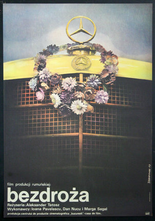 a poster of a car with flowers on the front