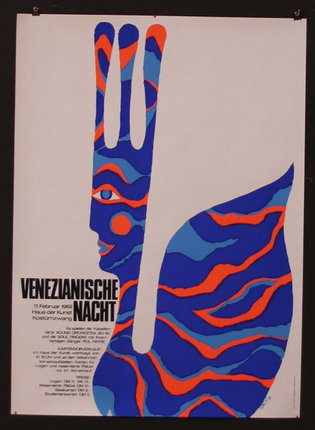 a poster with a blue and orange design