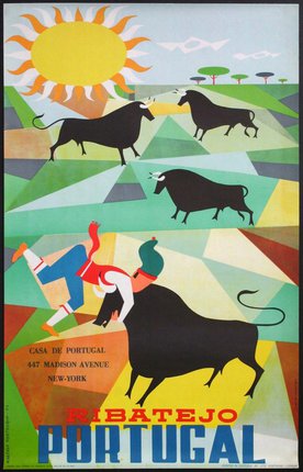 a poster with a man running on a bull