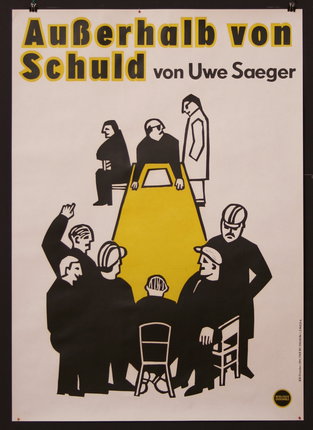 a poster with people standing in front of a yellow door