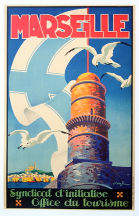 a poster of a tower with birds flying