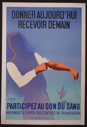 a poster of a man putting his arm on a blue background