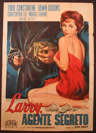 a poster of a man holding a gun and a woman in a red dress